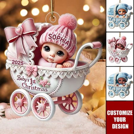 3D-Effekt Neugeborenes Baby im Kinderwagen Weihnachten personalisierte Ornament